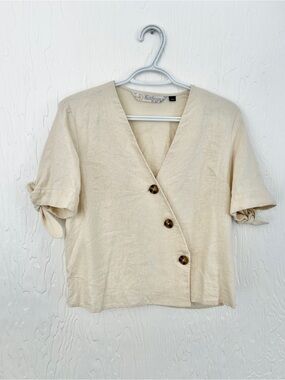 TWIK Linen Blend Asymmetrical Button Blouse Beige Medium Coastal Travel Boxy Fit